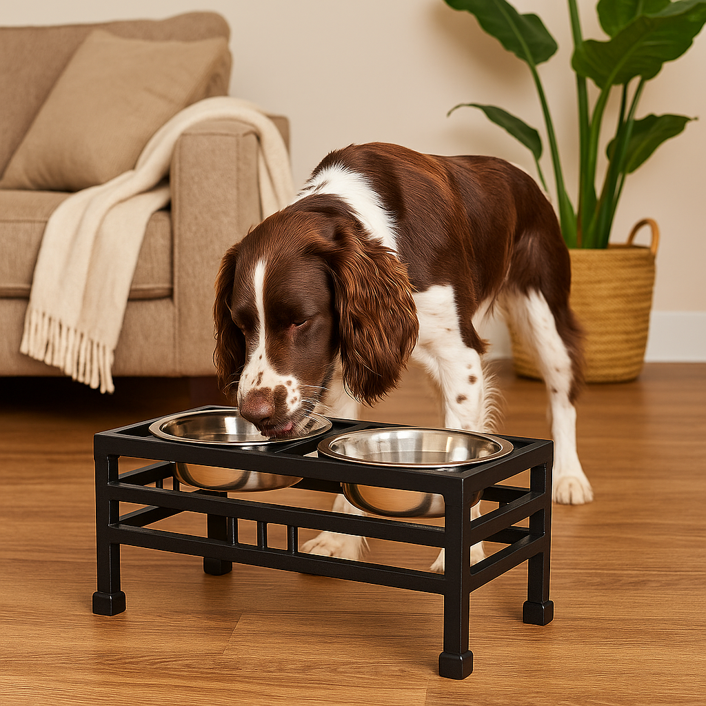 Roman Wrought Iron Elevated Dog Feeder – Double Diner with 2-Quart Stainless Steel Bowls - Advance Pets Product