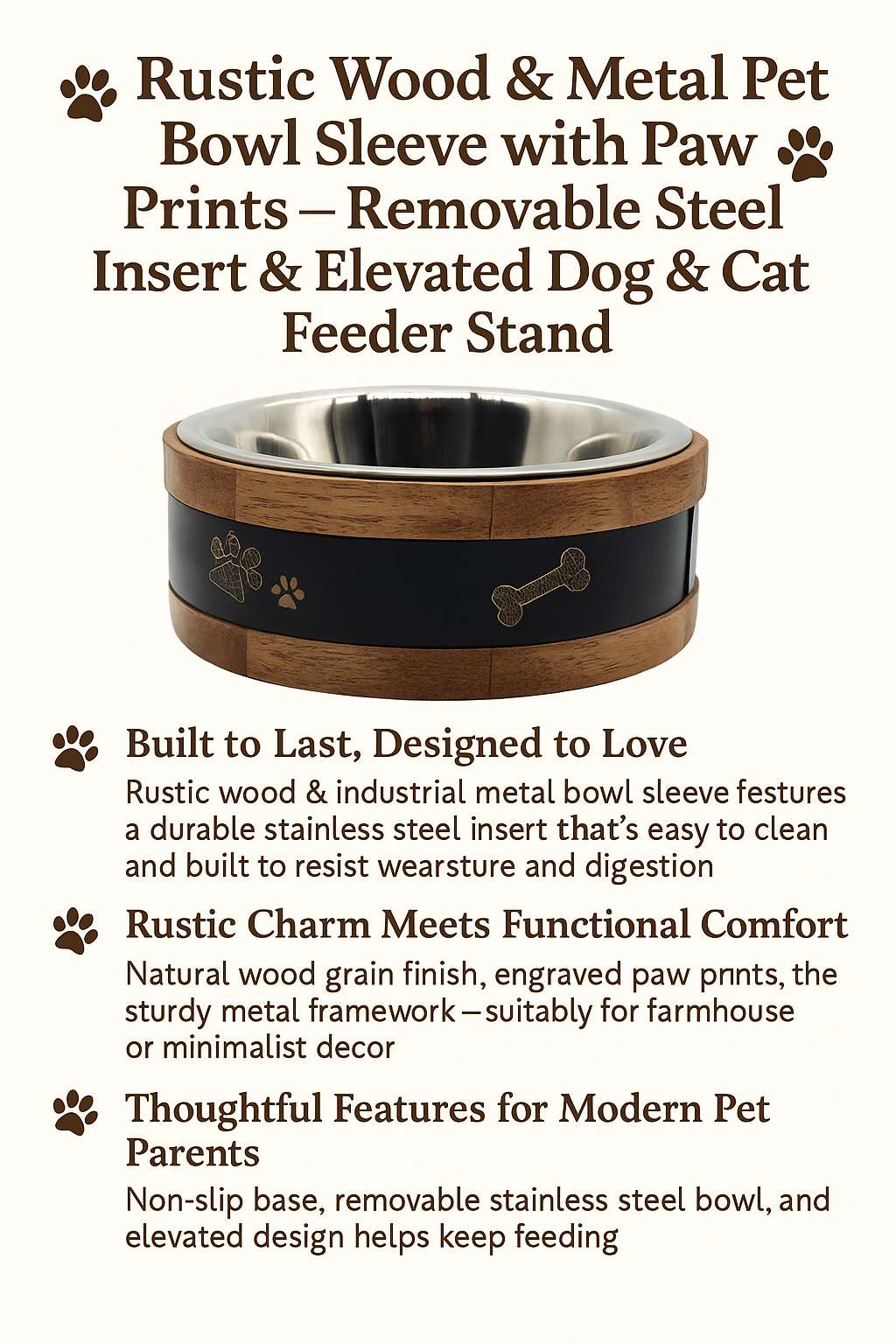 Rustic Wood & Metal Elevated Pet Bowl – Stainless Steel Insert with Non-Slip Base & Paw Print Design - Advance Pets Product
