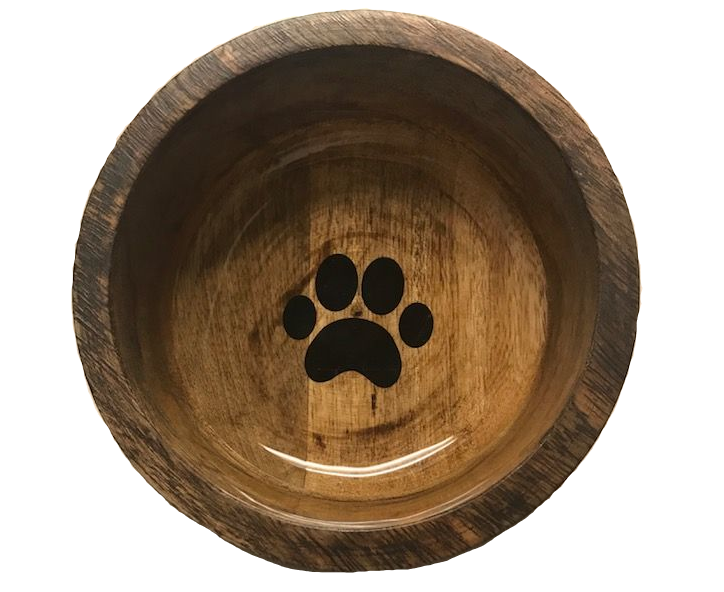 Handcrafted Round Wooden Pet Bowl with Paw Print – Non-Skid & Natural Wood - Large - Advance Pets Product