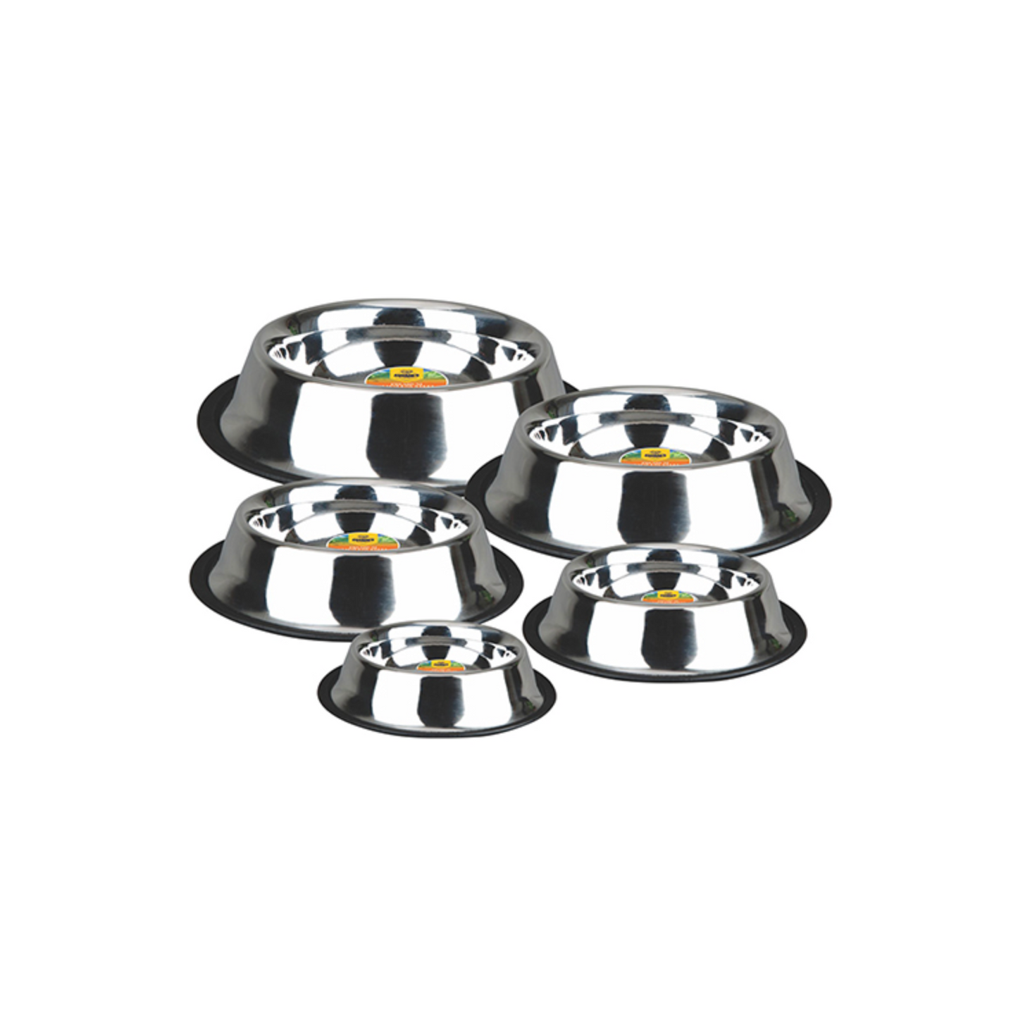 Set of six stainless steel pet bowls in varying sizes, each with a non-slip black rubber base, displayed on a white background.