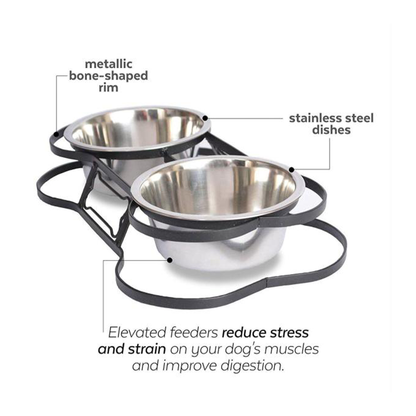Bone-Shaped Elevated Double Diner – Raised Iron Pet Feeder with Removable Stainless Steel Bowls - Advance Pets Product