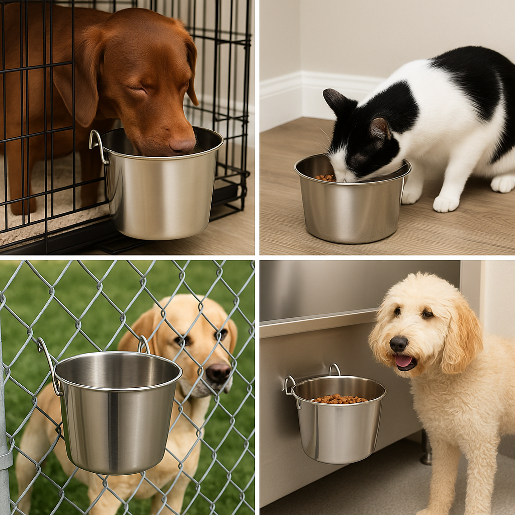 Stainless Steel Flat-Sided Pet Bucket with Hooks – Durable, Secure, Easy to Clean - Advance Pets Product