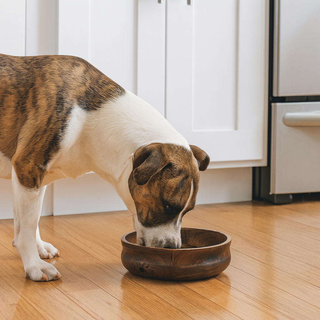 Handcrafted Round Wooden Pet Bowl with Paw Print – Non-Skid & Natural Wood - Large - Advance Pets Product