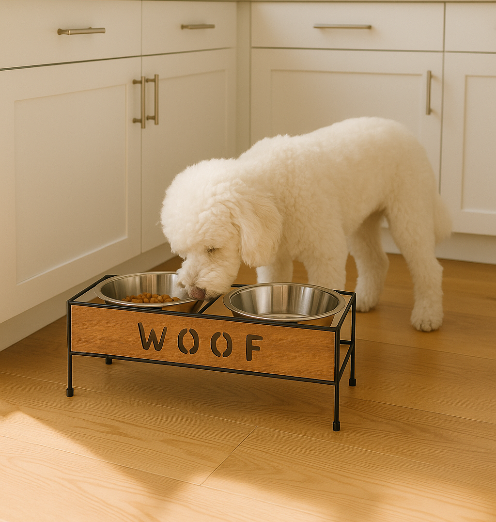 Woof Double Diner - Elevated Iron & Wood Pet Bowls | Durable Stainless Steel Design - Advance Pets Product