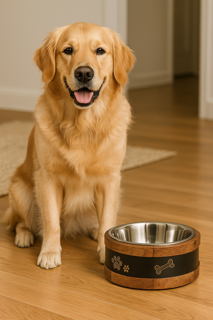 Rustic Wood & Metal Elevated Pet Bowl – Stainless Steel Insert with Non-Slip Base & Paw Print Design - Advance Pets Product