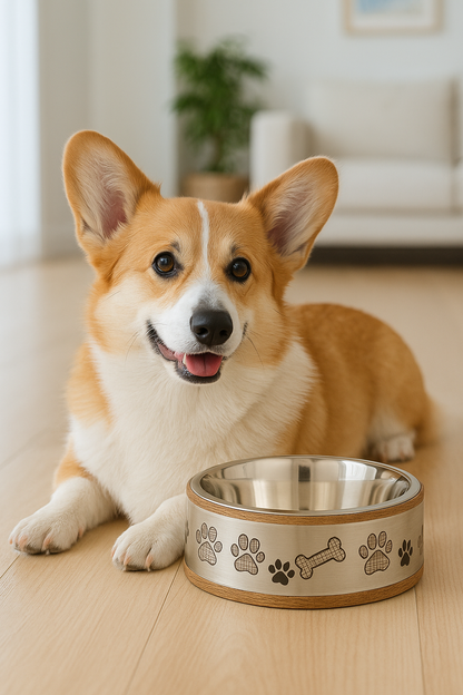 Premium Wood & Stainless Steel Pet Bowl with Silver Sleeve – Non-Slip, Dishwasher Saf - Advance Pets Product