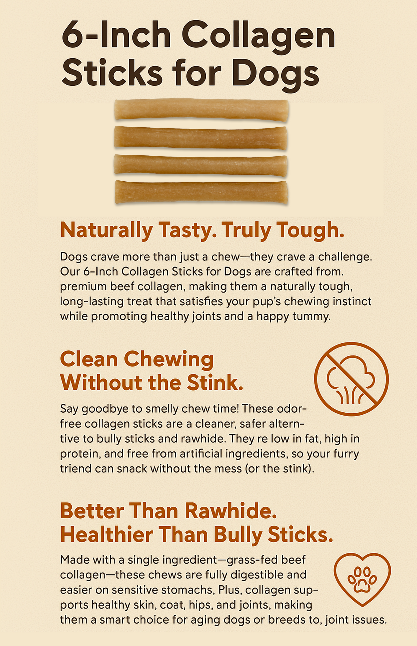 6-Inch Collagen Sticks for Dogs – Pack of 4 | Odor-Free, Long-Lasting, Rawhide Alternative