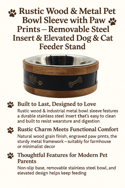 Rustic Wood & Metal Elevated Pet Bowl – Stainless Steel Insert with Non-Slip Base & Paw Print Design - Advance Pets Product