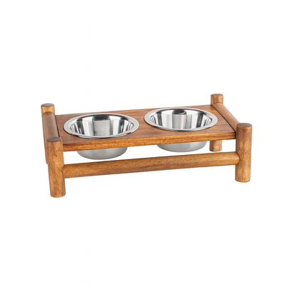 Log Cabin Raised Wooden Pet Feeder – Rustic Double Diner with Removable Stainless Steel Bowls - Advance Pets Product
