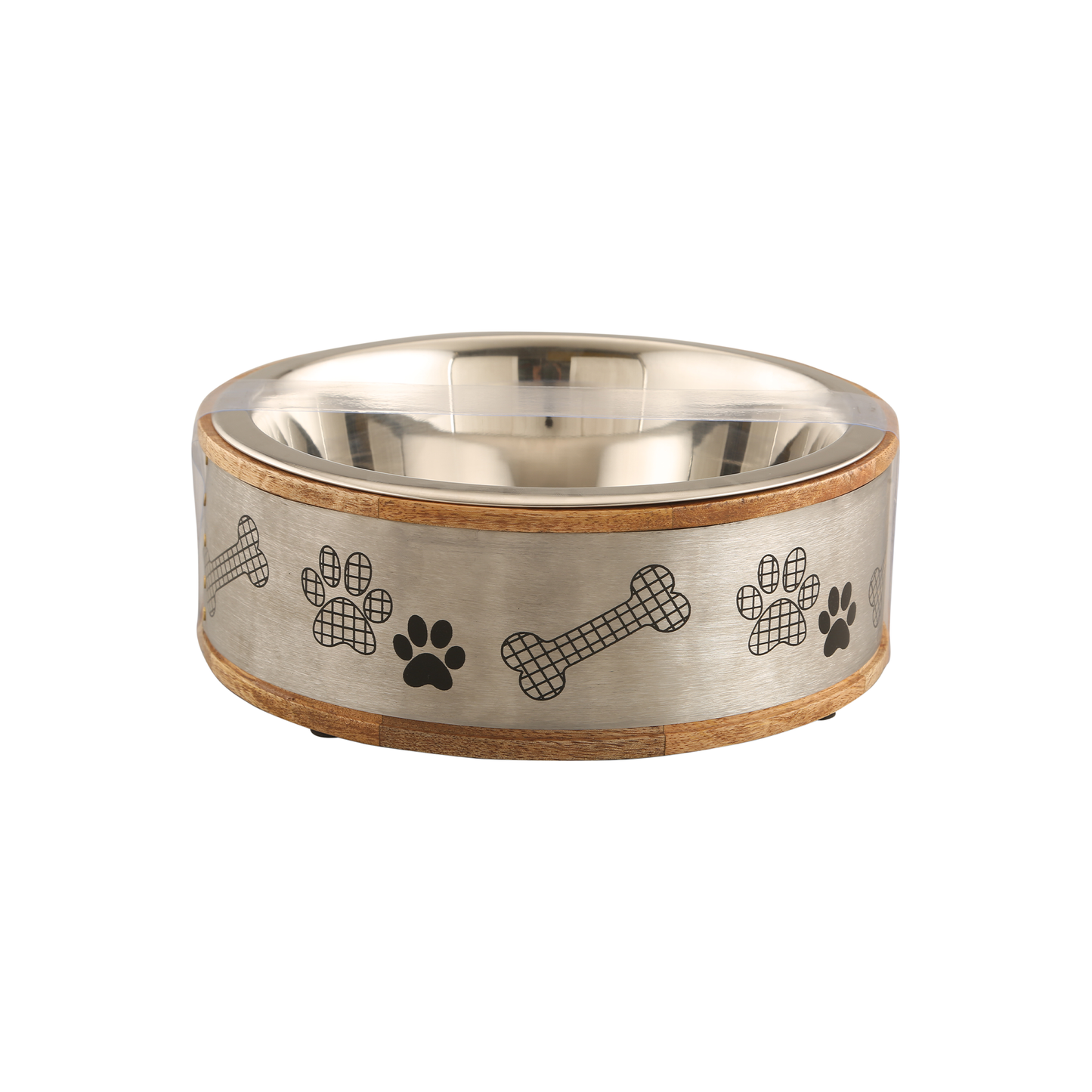 Premium Wood & Stainless Steel Pet Bowl with Silver Sleeve – Non-Slip, Dishwasher Saf - Advance Pets Product