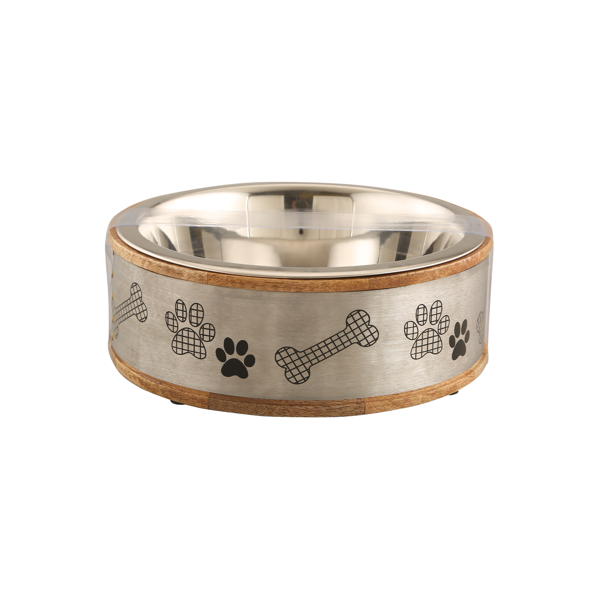 Premium Wood & Stainless Steel Pet Bowl with Silver Sleeve – Non-Slip, Dishwasher Saf - Advance Pets Product