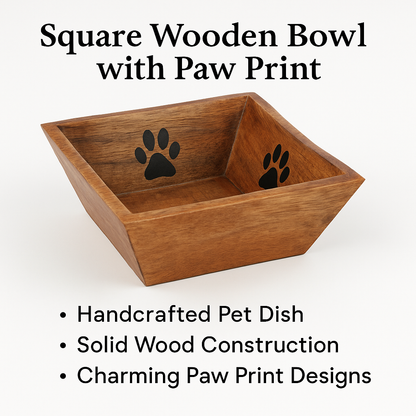 Square Wooden Bowl with Paw Print – Handcrafted Pet Dish | Advance Pet Products - Advance Pets Product