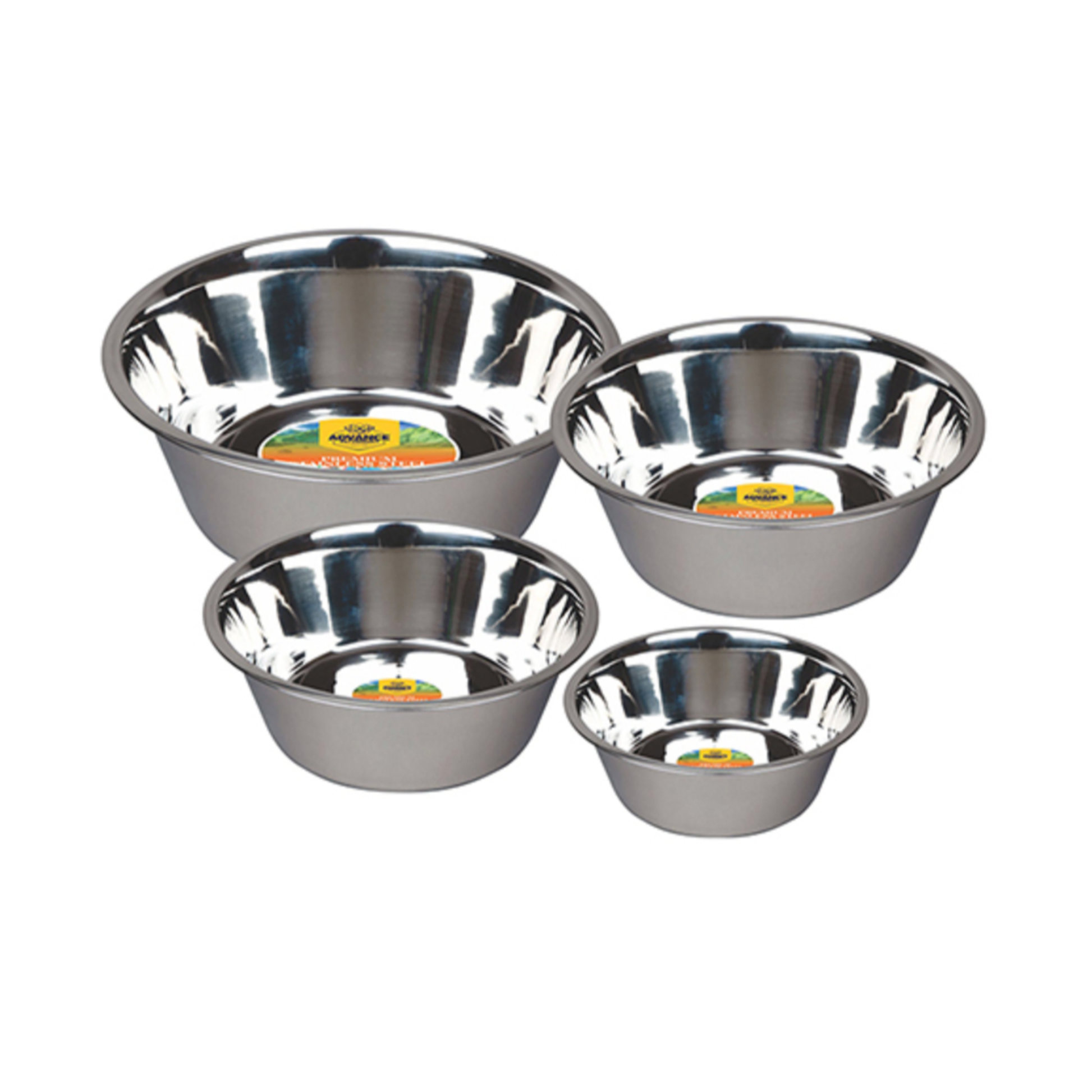 A set of three stainless steel pet bowls in varying sizes with a polished finish.