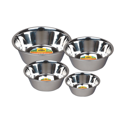 A set of three stainless steel pet bowls in varying sizes with a polished finish.