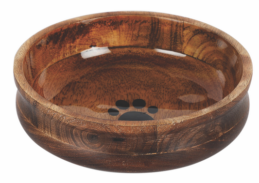 Handcrafted Round Wooden Pet Bowl with Paw Print – Non-Skid & Natural Wood - Large - Advance Pets Product