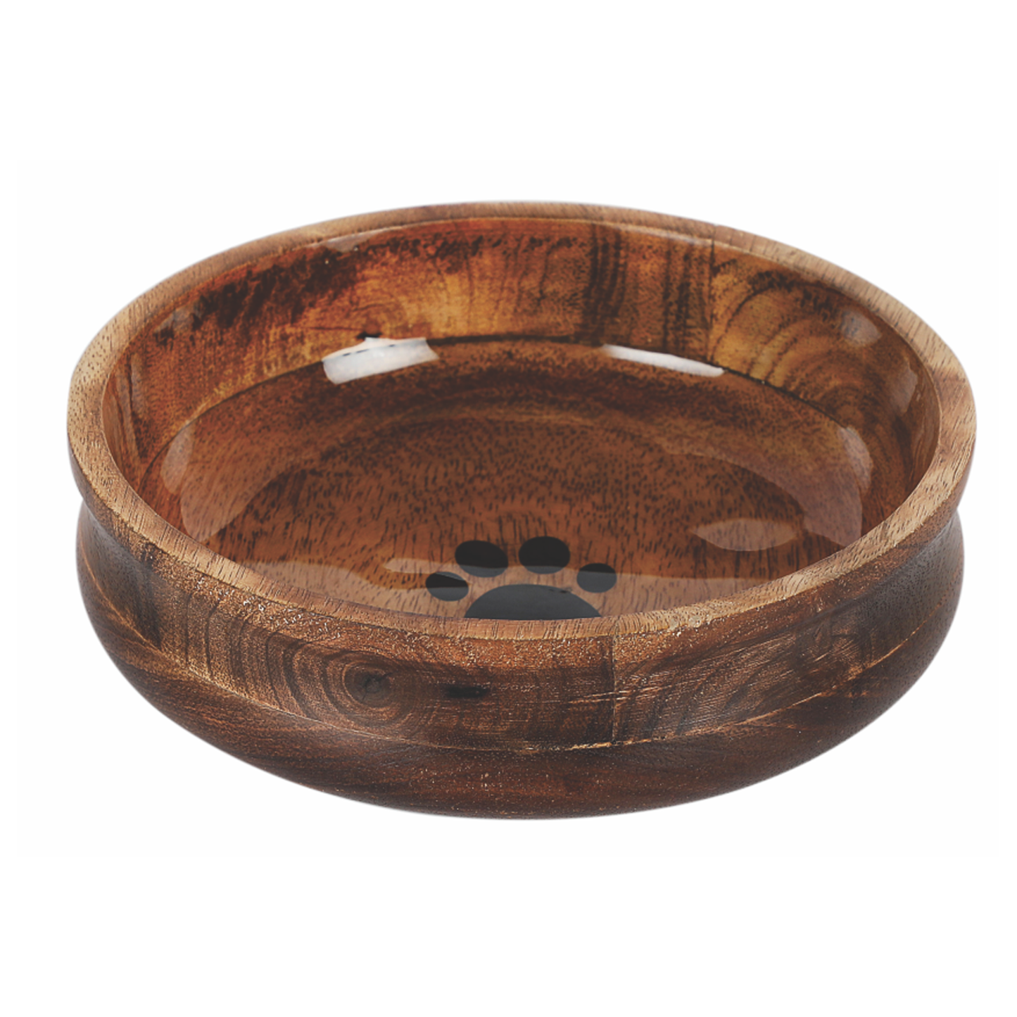 Handcrafted Round Wooden Pet Bowl with Paw Print – Non-Skid & Natural Wood - Large - Advance Pets Product