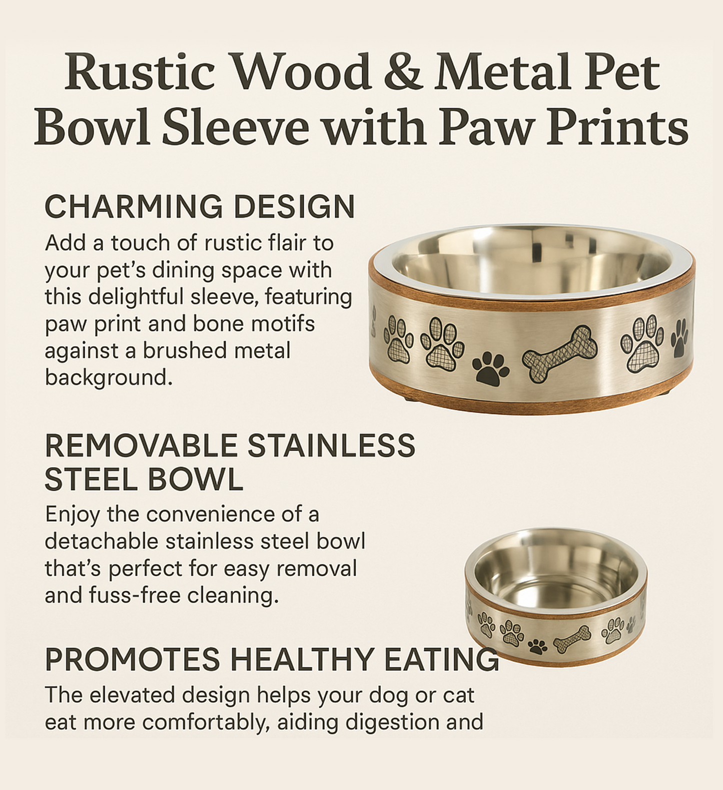 Premium Wood & Stainless Steel Pet Bowl with Silver Sleeve – Non-Slip, Dishwasher Saf - Advance Pets Product