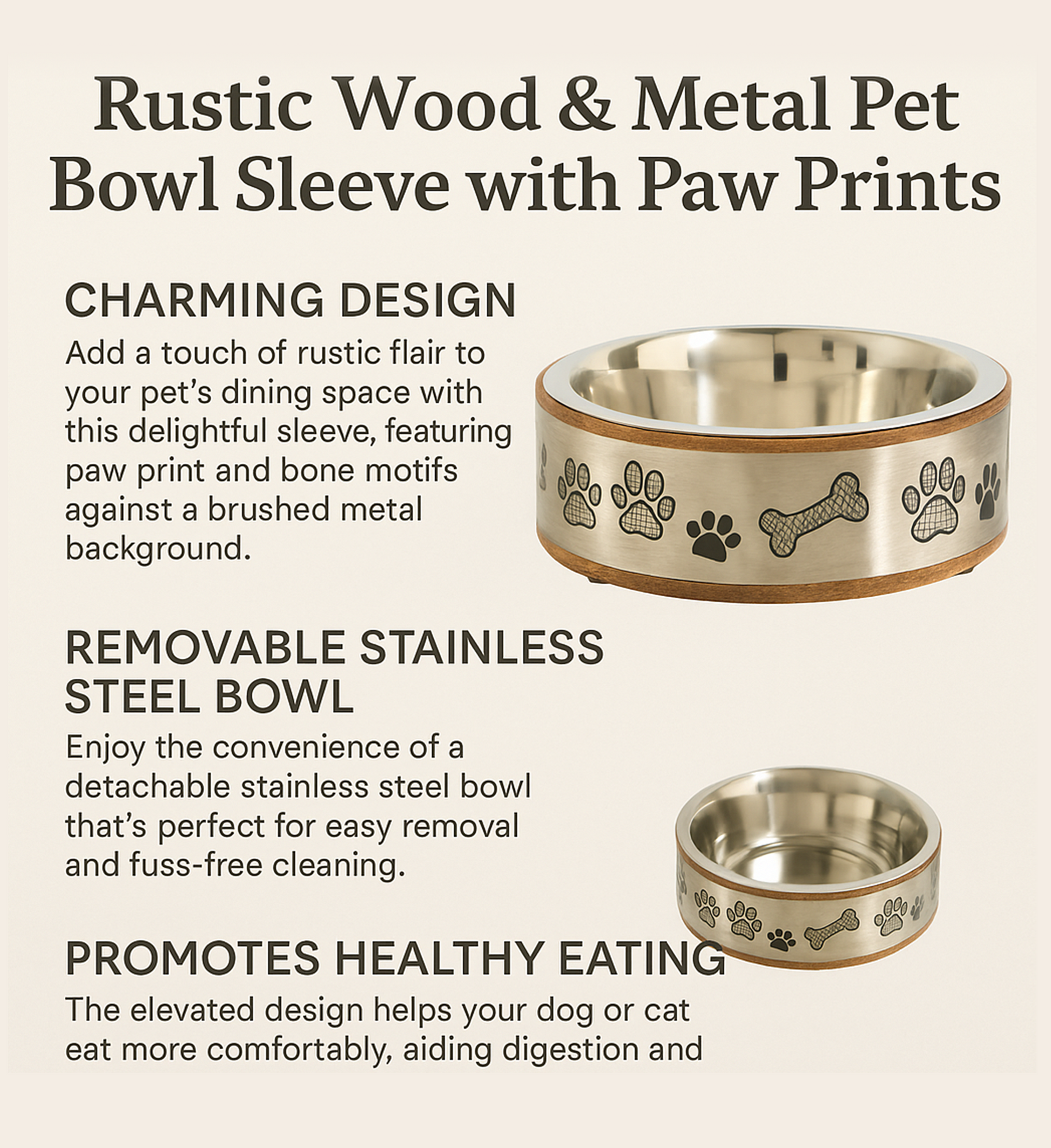 Premium Wood & Stainless Steel Pet Bowl with Silver Sleeve – Non-Slip, Dishwasher Saf - Advance Pets Product