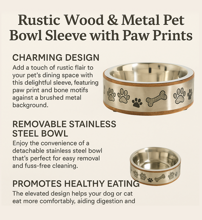 Premium Wood & Stainless Steel Pet Bowl with Silver Sleeve – Non-Slip, Dishwasher Saf - Advance Pets Product