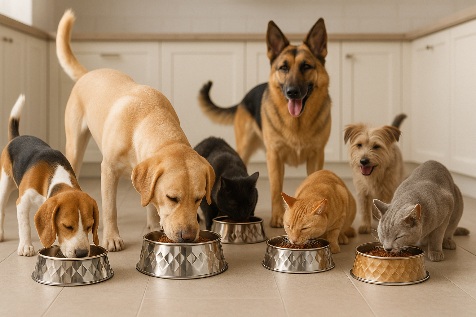 A group of pets eating from several Diamond Embossed Stainless Steel Pet Bowls